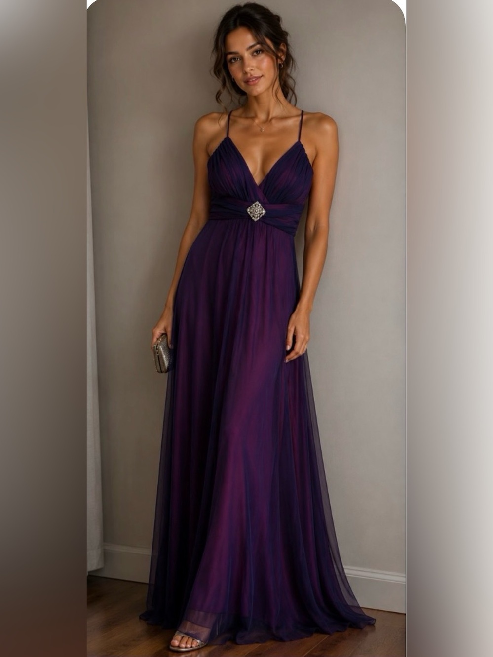 B. Smart Deep Purple and Pink Maxi Dress with Jewel Brooch